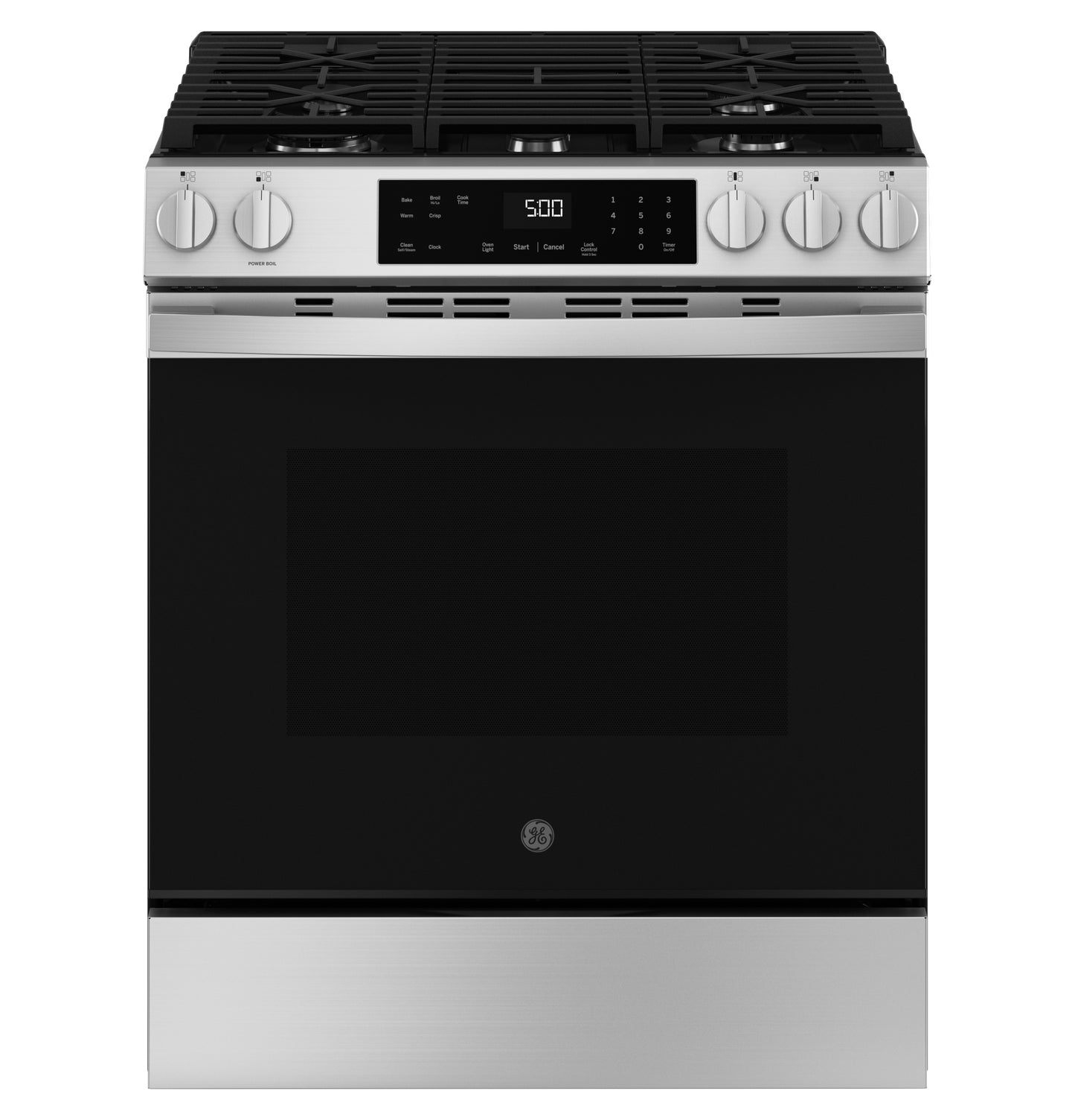 Front-control stainless steel gas range with digital display and five burners in kitchen appliance setting