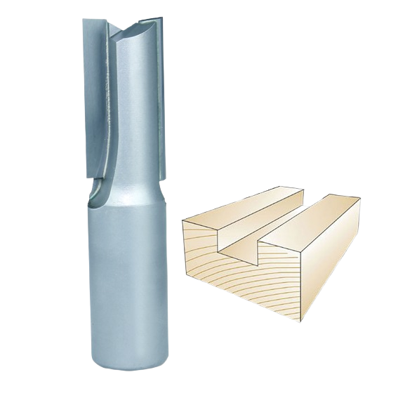 Silver CNC straight bit with 3/4-inch diameter alongside diagram of woodworking groove cut for tool accessories collection