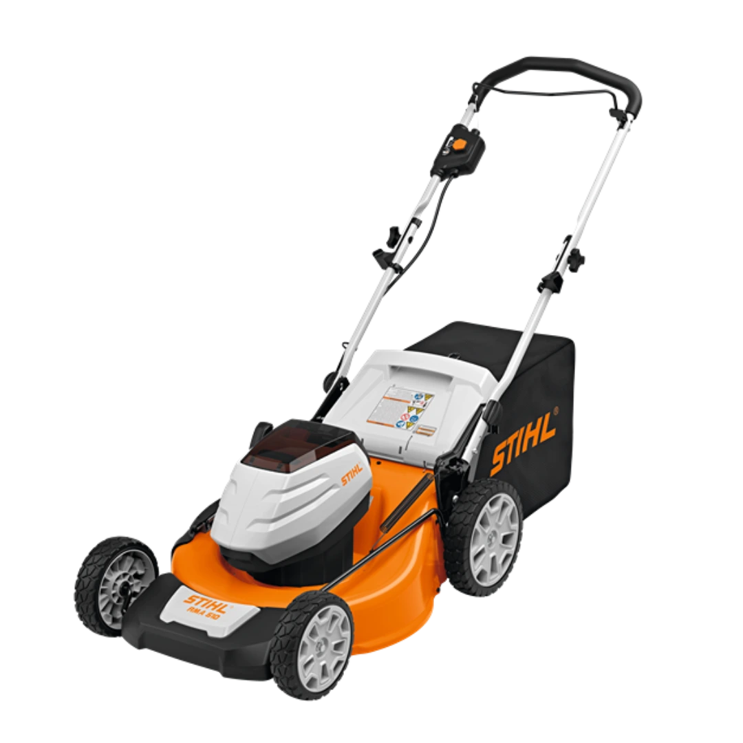 Orange and white battery-powered lawn mower with steel deck and rear grass catcher for outdoor power equipment collections