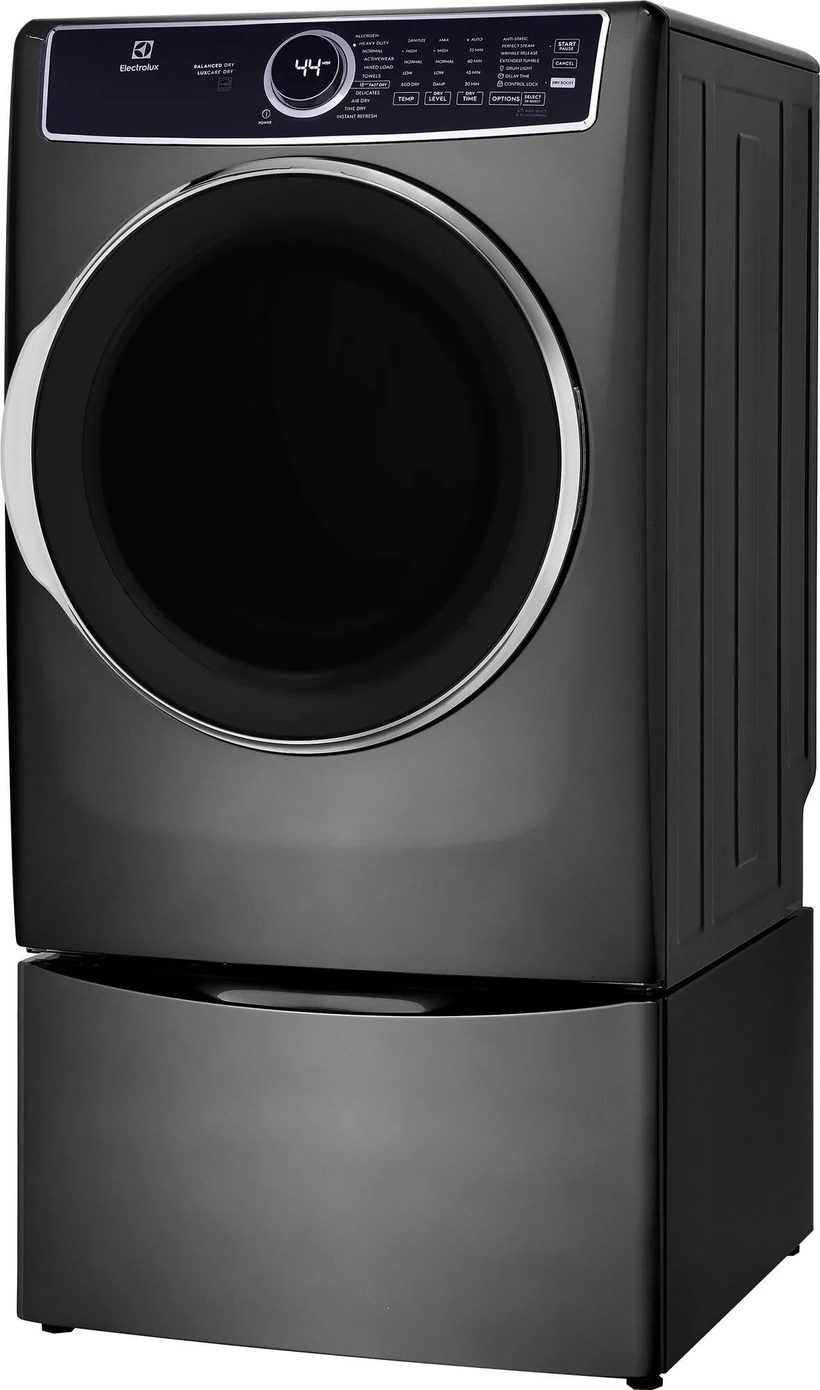 Front view of dark gray front load electric dryer with digital display and chrome door trim in appliances collection