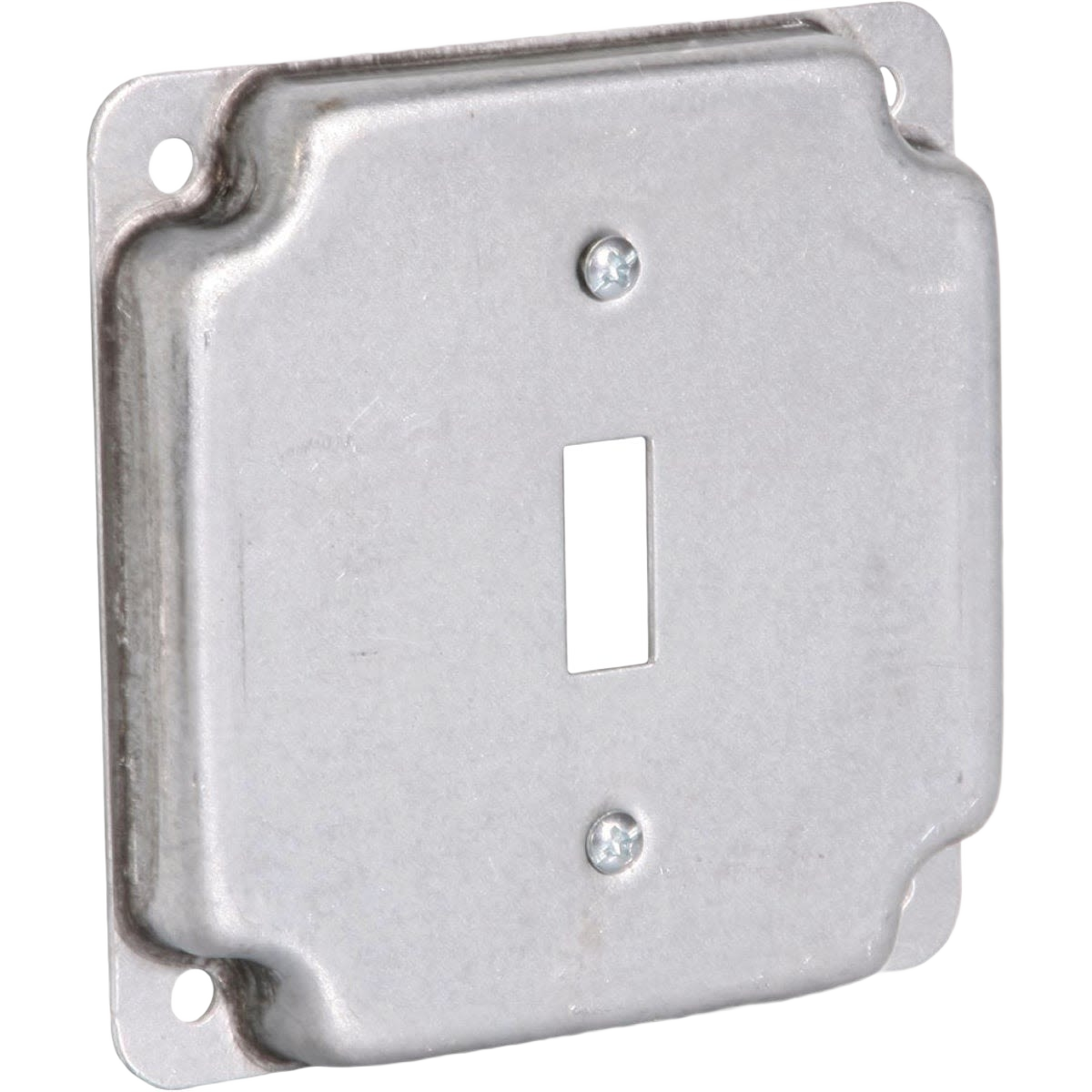 Metallic single-toggle square device cover plate designed for home improvement and electrical tools use