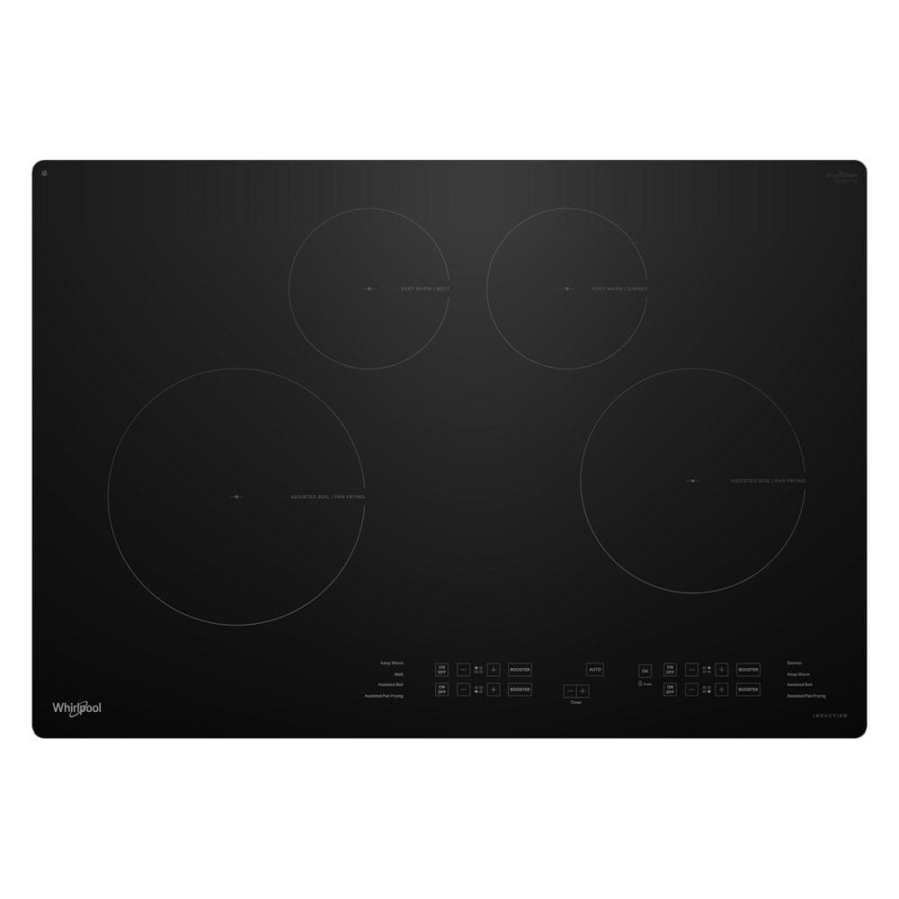 Black induction cooktop with four cooking zones and touch control panel from kitchen appliances collection