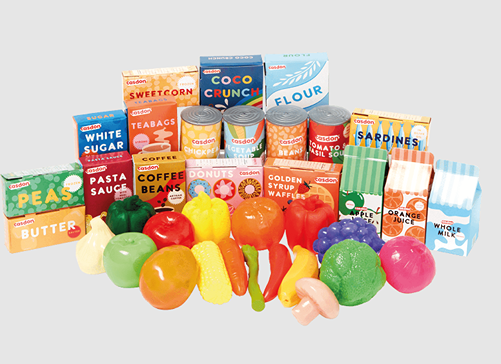 36-piece Casdon Grocery Toy Set with pretend fruits, vegetables, canned goods, and boxed food for imaginative play