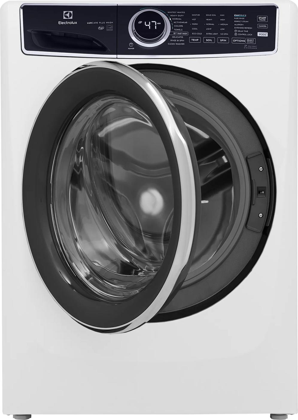 White front load washer with open door and digital control panel, part of Front Load Washers and Appliances collection