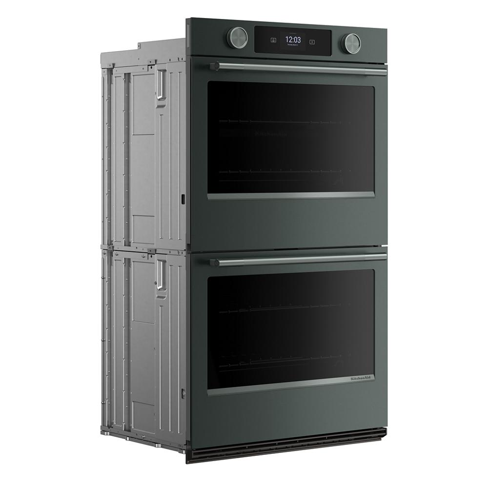 30-inch black smart electric double wall oven with LED touchscreen and backlit knobs in kitchen appliances collection