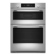 27-inch smart electric combo wall oven in stainless steel with LED touchscreen and backlit control knobs
