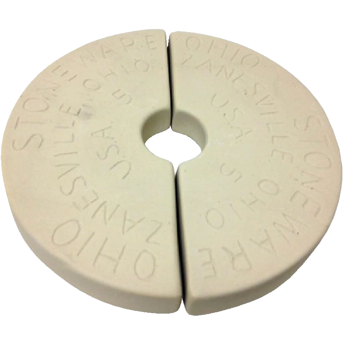 Two beige stoneware segmented weight stones with embossed Ohio and Zanesville text for kitchenware collections