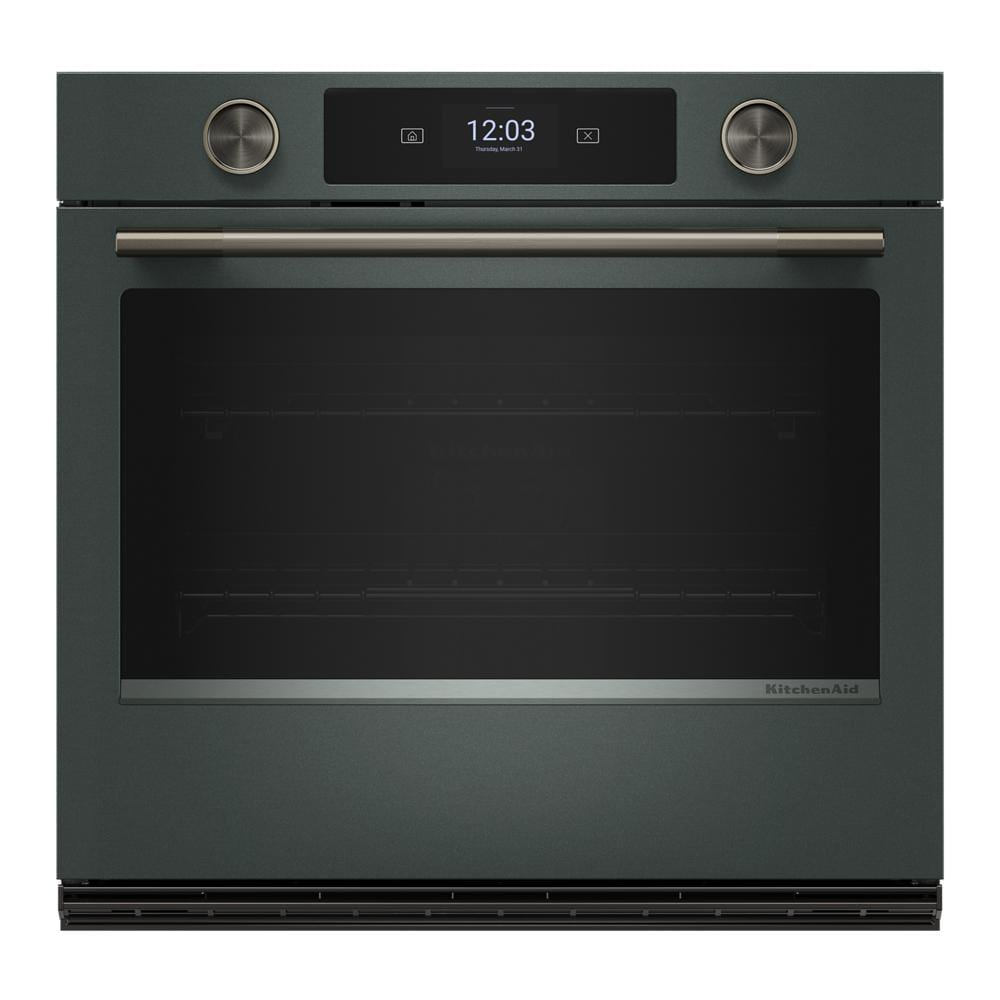 Front view of a 30-inch smart electric single wall oven in Juniper with digital display, stainless steel handle, and intelligent cooking camera, part of KitchenAid collections including Single Wall Ovens, Wall Ovens, Kitchen & Kitchenware, and Appliances.