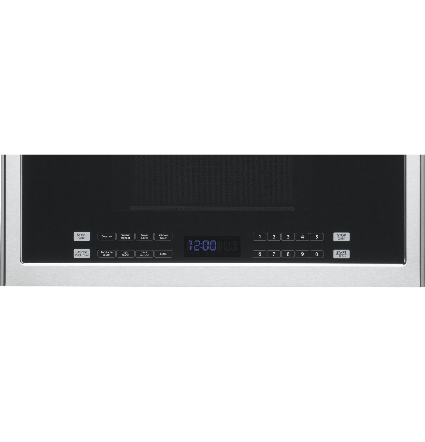 Control panel of a stainless steel 24" over-the-range microwave oven with digital display and keypad buttons from kitchen appliances collection