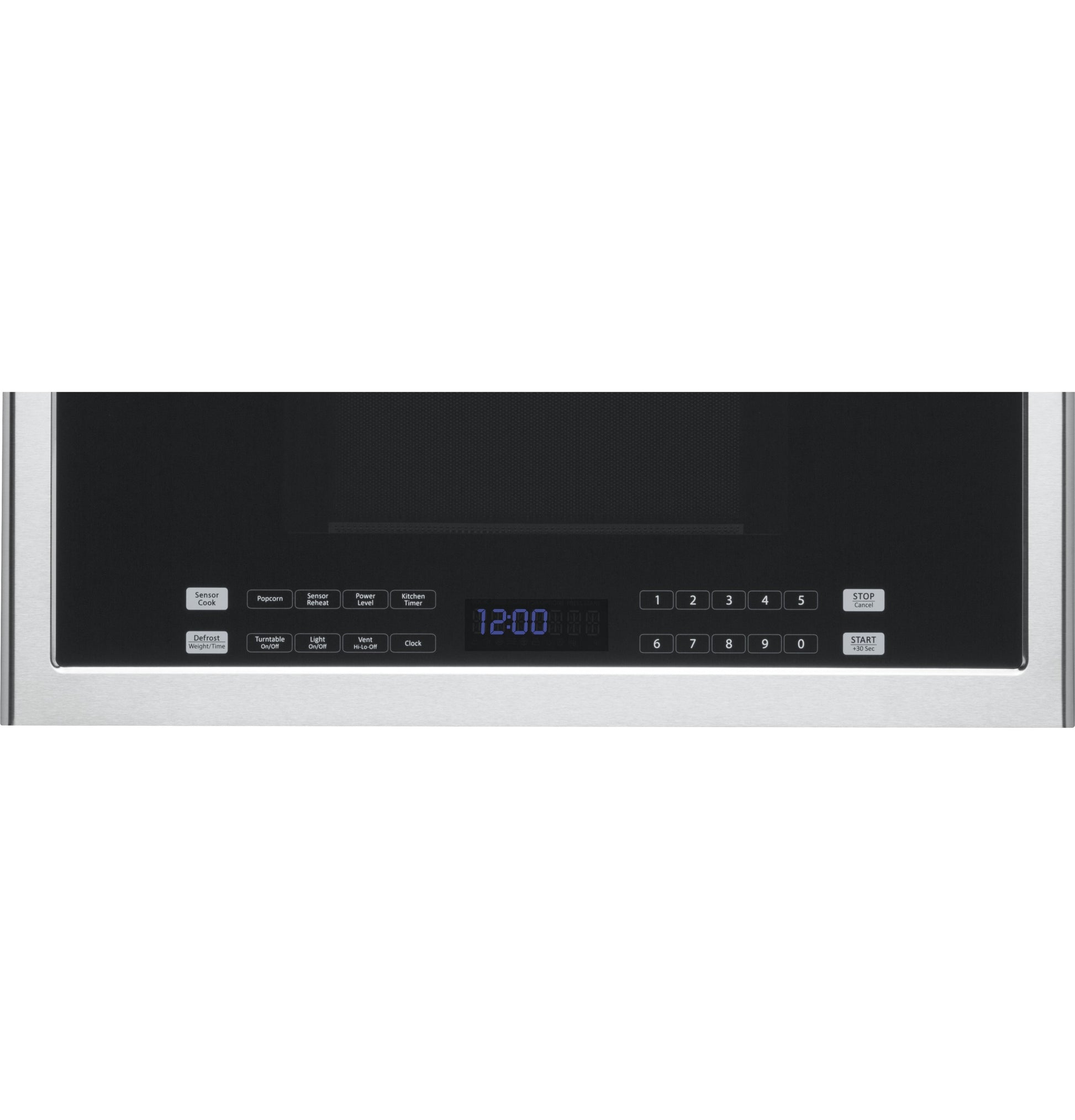 Control panel of a stainless steel 24" over-the-range microwave oven with digital display and keypad buttons from kitchen appliances collection