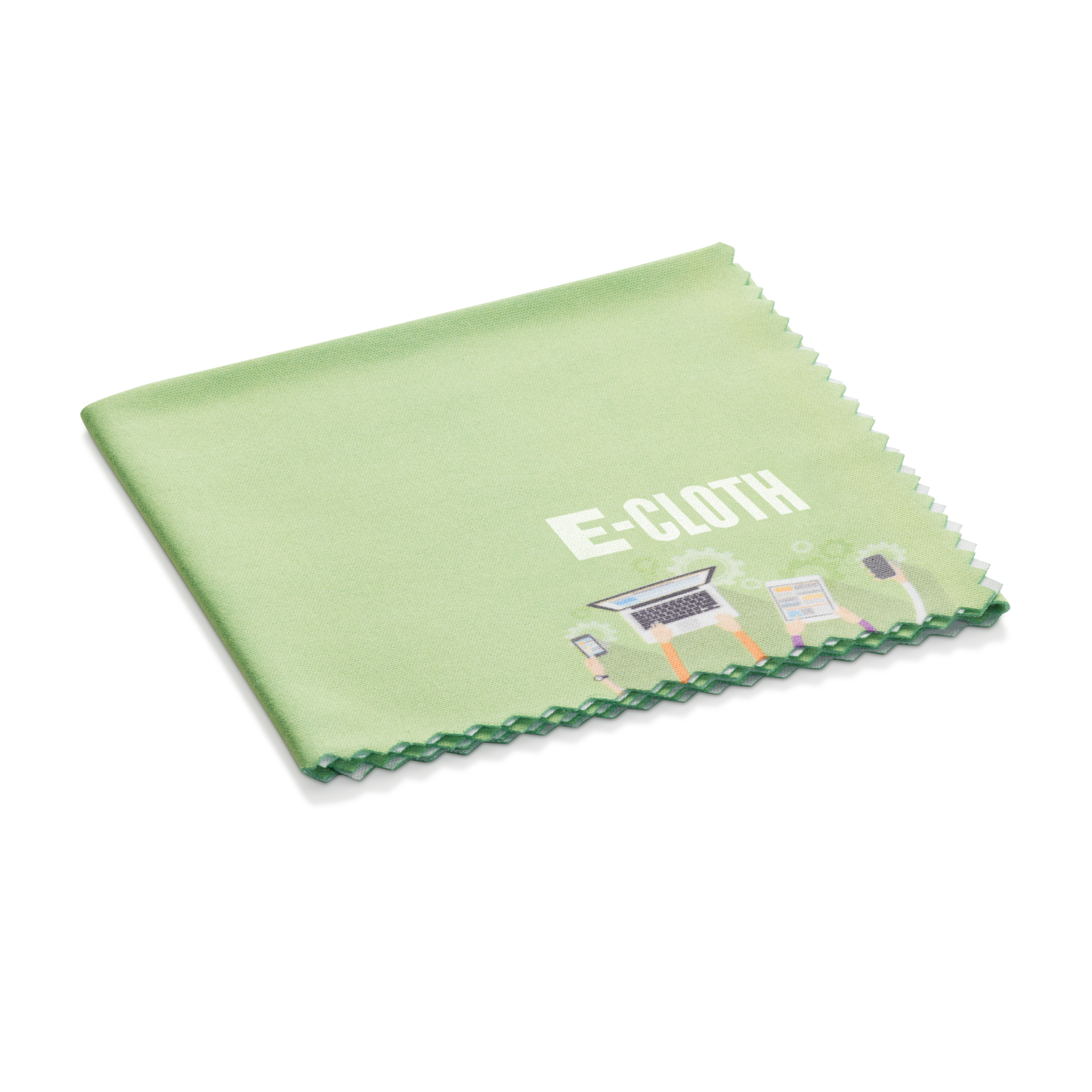 Light green microfiber electronics cleaning cloth with scalloped edges and printed device icons, featured in Cleaning Tools and Dusters & Cleaning Cloths collections.
