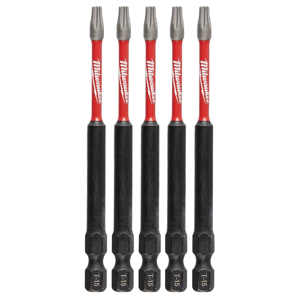 Set of five durable red and black T15 TORX impact driver bits for power tool accessories in home improvement collections