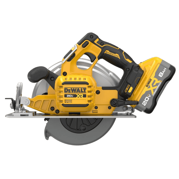 Yellow and black cordless circular saw with brushless motor and 20V XR lithium-ion battery for home improvement tasks