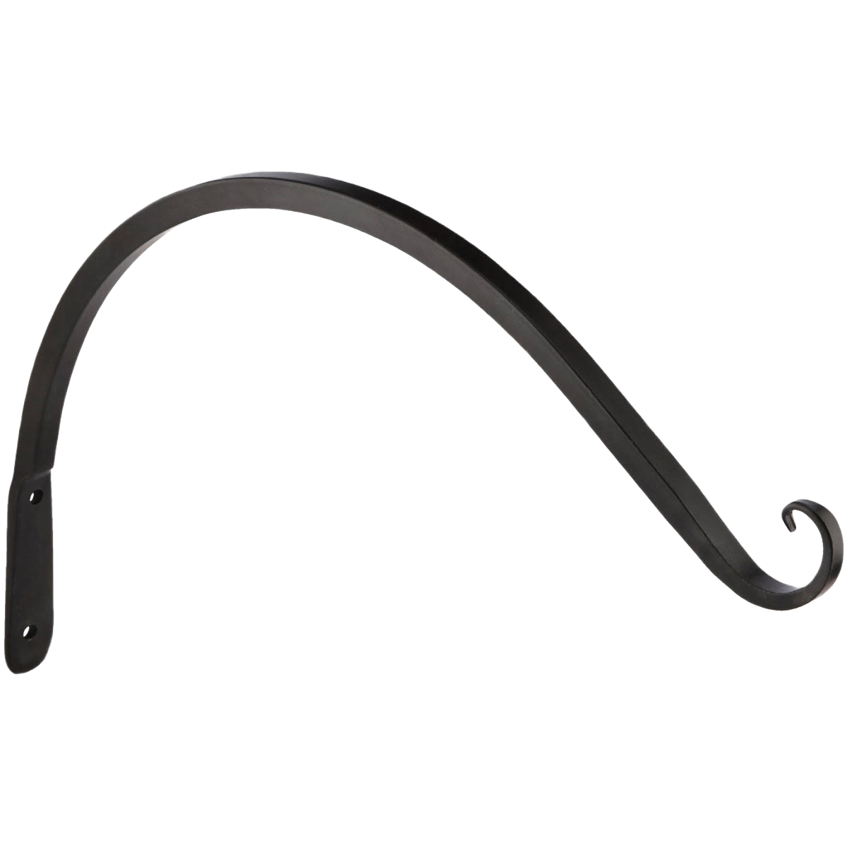Black powder-coated wrought iron curved hanging plant bracket for outdoor living and lawn and garden projects