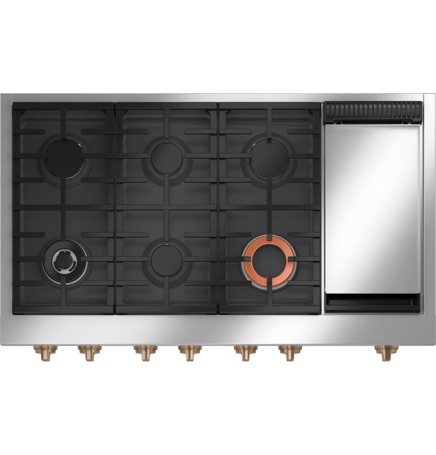 48-inch commercial-style gas rangetop with six burners and integrated griddle in stainless steel finish