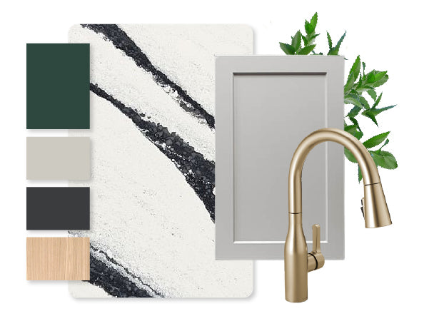 Arrangement of interior design samples including a white and black veined stone slab, green and neutral color swatches, a gray cabinet door, brass kitchen faucet, and green foliage accents.