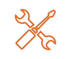 Orange line drawing of a crossed wrench and screwdriver symbolizing tools and home improvement on a white background.