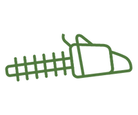 Green line art illustration of a hedge trimmer with a straight blade and handle, representing outdoor home improvement tools.