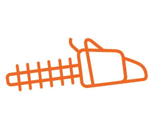 Orange line drawing of a hedge trimmer with detailed blade guard and handle, representing garden tools and home improvement.
