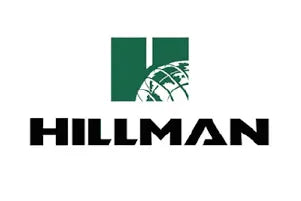 Green and black graphic logo featuring a stylized globe partially enclosed by two vertical green bars above bold uppercase text spelling Hillman