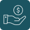 Blue circular icon with a white hand holding a coin featuring a dollar sign, symbolizing financial assistance or payment services.