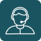 Simple monochrome icon showing a person wearing a headset with a microphone, symbolizing customer support or technical assistance.