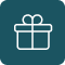 White line art of a wrapped gift box with a bow on top, set against a dark teal square background.