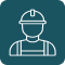 Simple white line drawing of a construction worker wearing a hard hat and safety vest on a dark circle background, symbolizing home improvement or tools.
