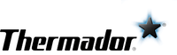 Thermador logo showing bold black lettering with a three-dimensional star emblem fading into a blue glow on a white background.