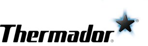Thermador logo showing bold black lettering with a three-dimensional star emblem fading into a blue glow on a white background.