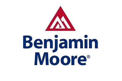 Red triangular logo with stylized mountain peaks above stacked blue text spelling Benjamin Moore on a white background.