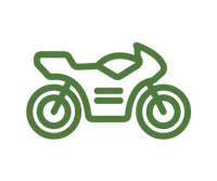 Simple green line drawing of a sport motorcycle viewed from the side, emphasizing its streamlined shape and wheel details.