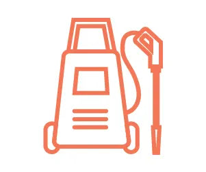 Orange line drawing of a pressure washer with a trigger spray wand, depicted in a simple, minimalist style on a white background.