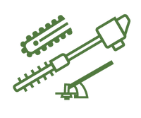 Green line art illustration showing interchangeable outdoor tool attachments including a hedge trimmer blade, a chainsaw bar, and a string trimmer head, symbolizing versatile home improvement equipment.