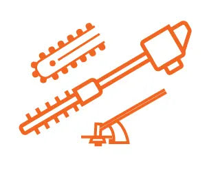 Orange line art illustration of three gardening and landscaping tools including a hedge trimmer, pole saw, and string trimmer attachment against a white background.