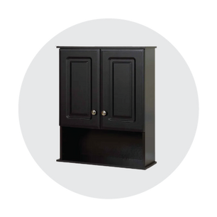 Wall-mounted black wooden cabinet with two panel doors featuring round metal knobs and an open shelf at the bottom against a light circular backdrop.