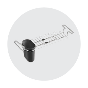 Metal drying rack with curved handles on each end and a black removable utensil holder attached, displayed on a soft gray circular background.