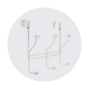 Over-the-door metal organizer rack featuring three hooks with rounded ends and a minimalist silver finish on a soft gray background.