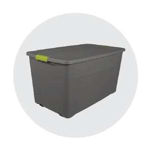 Rectangular dark gray plastic storage tote with an opaque lid secured by a green latch, shown against a light neutral background.