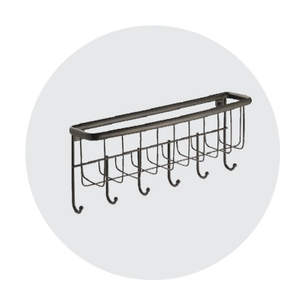 Wall-mounted dark bronze metal organizer rack with a rectangular frame and multiple evenly spaced hooks against a soft gray circular background.