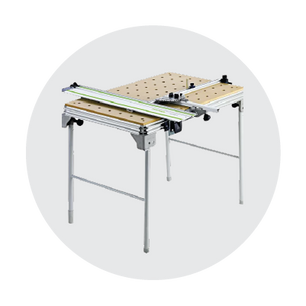 Portable assembly table with perforated light wood surface and adjustable metal legs, featuring a mounted measuring guide and clamps on a soft gray circular background.