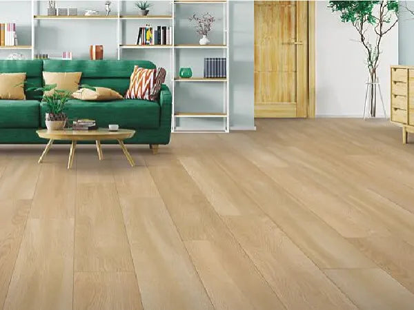 Living room with light wood laminate flooring, green sofa, mid-century modern coffee table, open shelving, and a tall plant near a wooden door.