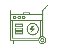 Simplified green line drawing of a portable generator on wheels with control panel, power outlet, and handle, representing home improvement tools.