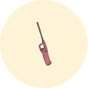 Red handheld lighter with a long metal nozzle for igniting grills or fireplaces, set against a pale beige circular background.