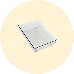 Clear rectangular acrylic tray with rounded edges and small feet, shown against a pale neutral background.