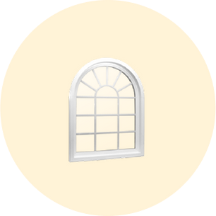 White arched window frame with multiple panes and decorative muntins set against a soft beige circular background.