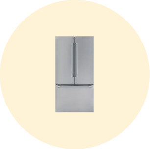 Sleek stainless steel French door refrigerator with a bottom freezer drawer displayed against a soft neutral circular background.