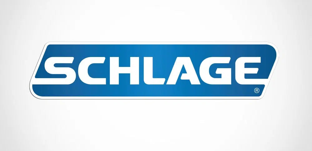 Blue and white Schlage logo in a rectangular shape on a light gray background, representing a familiar home improvement brand.