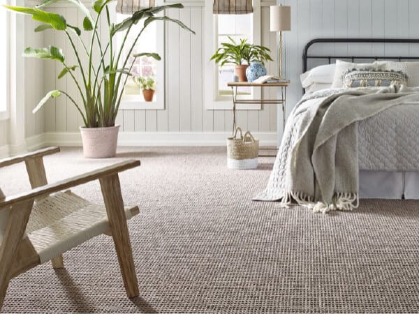 Sunlit bedroom with textured neutral carpet, wooden chair, gray knitted throw on bed, potted plants, and soft natural light through windows.