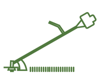 Minimalist green line illustration of a cordless grass trimmer angled diagonally with a guard near the cutting head and a handle at the top, symbolizing outdoor tools.